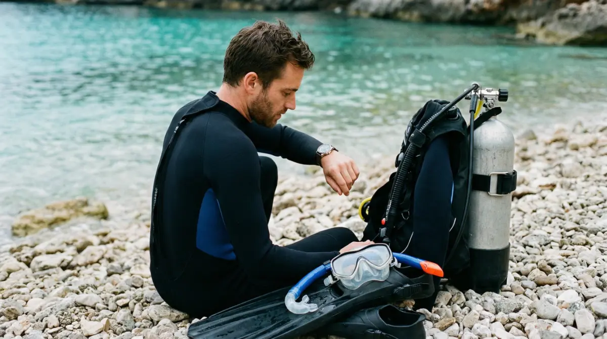 Plongeur débutant regardant sa montre de plongée avant une immersion