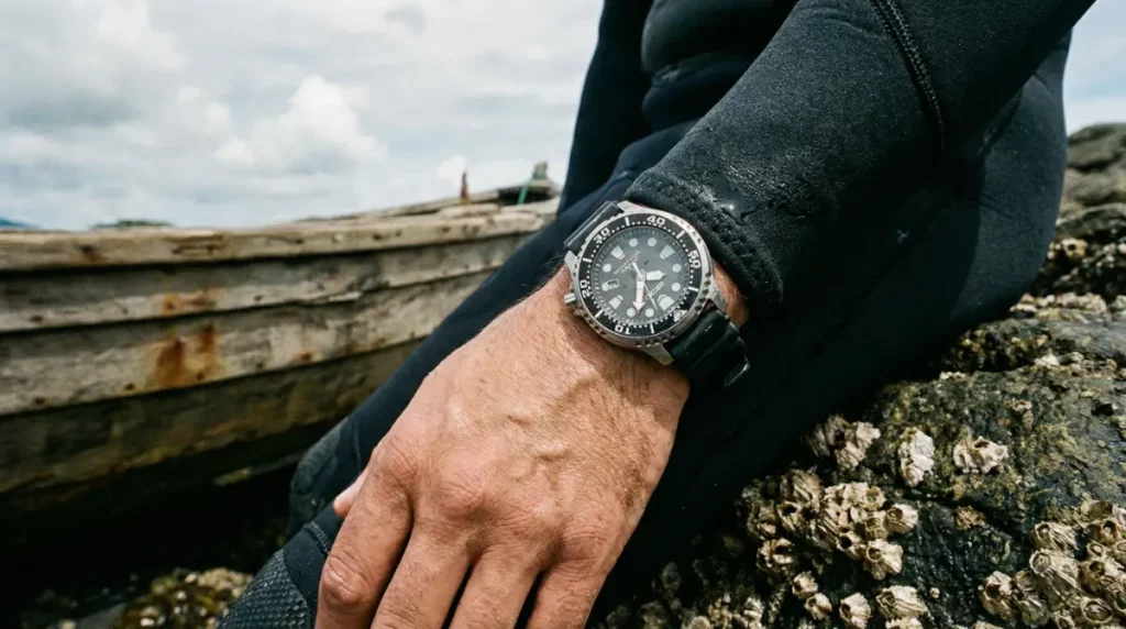 Gros plan d’une montre de plongée montrant une lunette unidirectionnelle et un cadran lisible sous l’eau