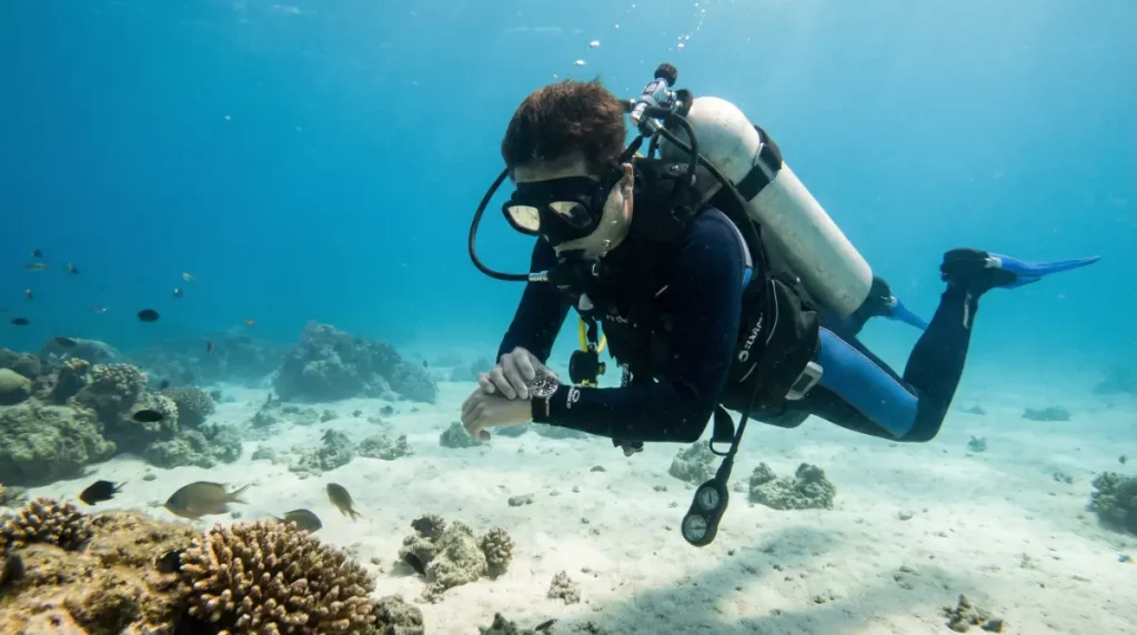 Plongeur loisir débutant portant une montre de plongée lors d’une plongée peu profonde