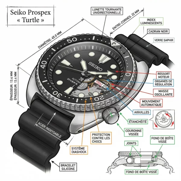 seiko-prospect-turtle-croquis Schéma technique d’une montre de plongée automatique avec composants mécaniques et étanchéité