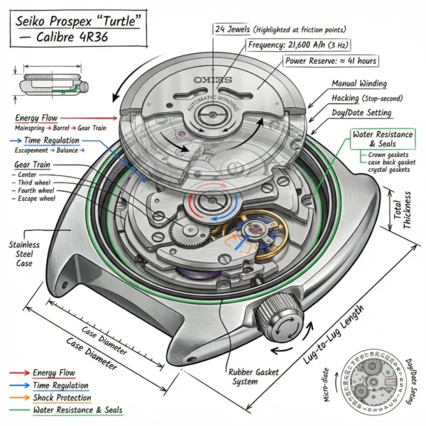 seiko-prospex-turtle-calibre-4r36 Vue interne du mouvement automatique d’une montre de plongée avec masse oscillante