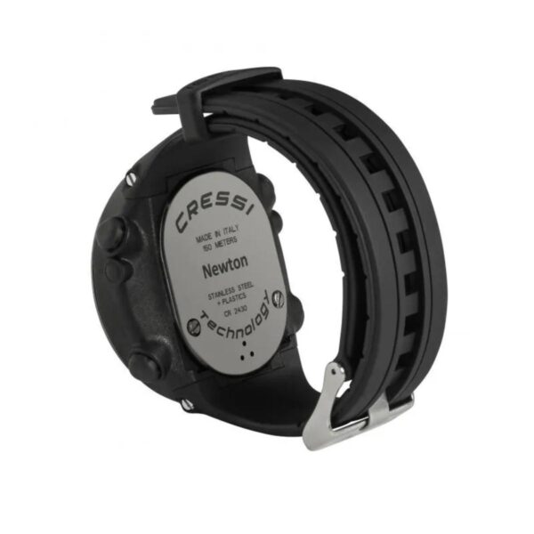 cressi-goa-ordinateur-plongee-vue-arriere-boitier Dos de l’ordinateur de plongée Cressi Goa avec boîtier et bracelet