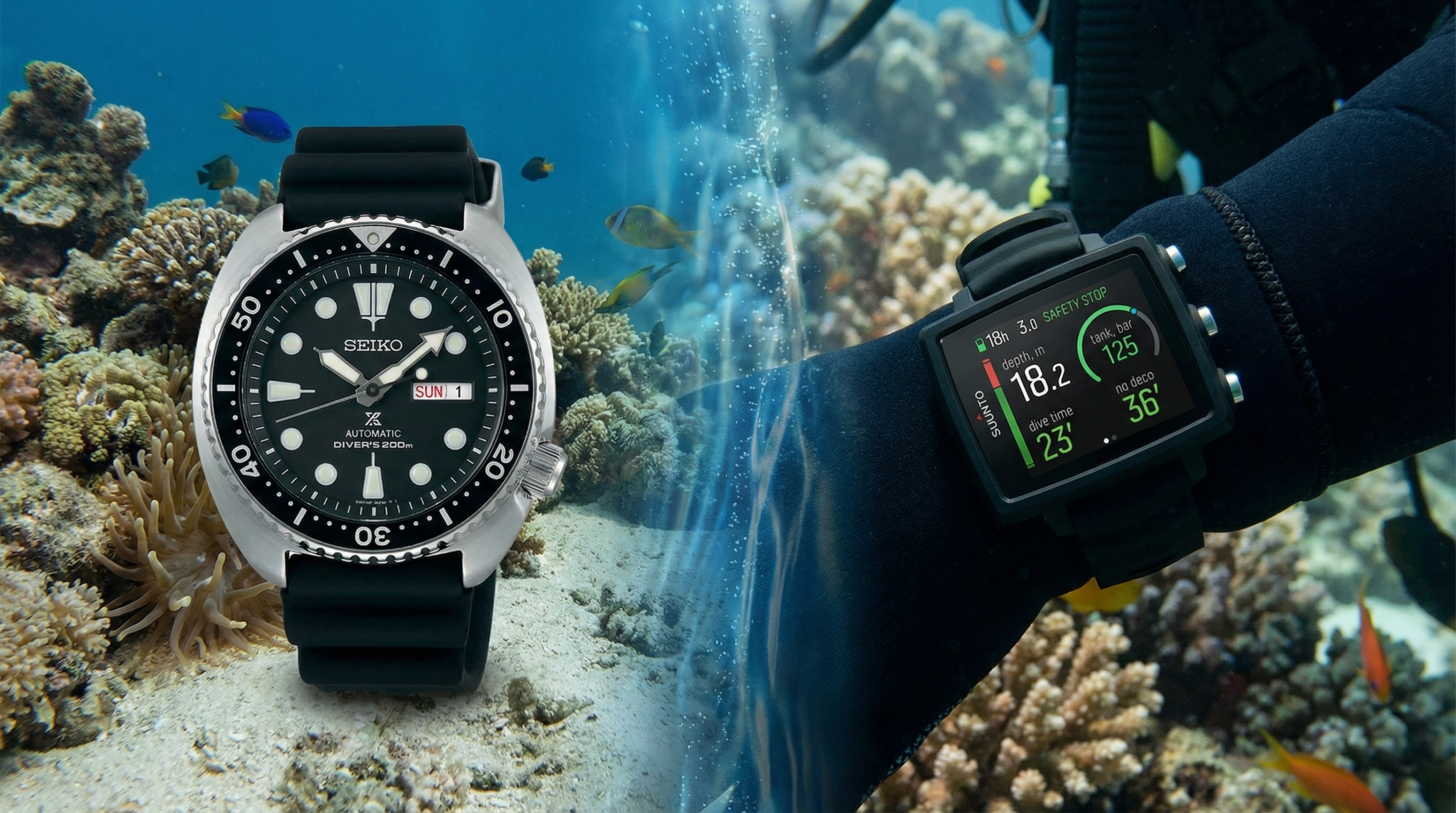 Comparaison sous-marine entre une montre de plongée classique à cadran analogique et un ordinateur de plongée moderne avec affichage numérique des données