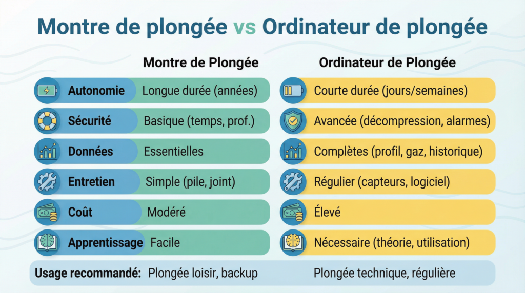 Infographie expliquant les différences entre montre de plongée et ordinateur de plongée