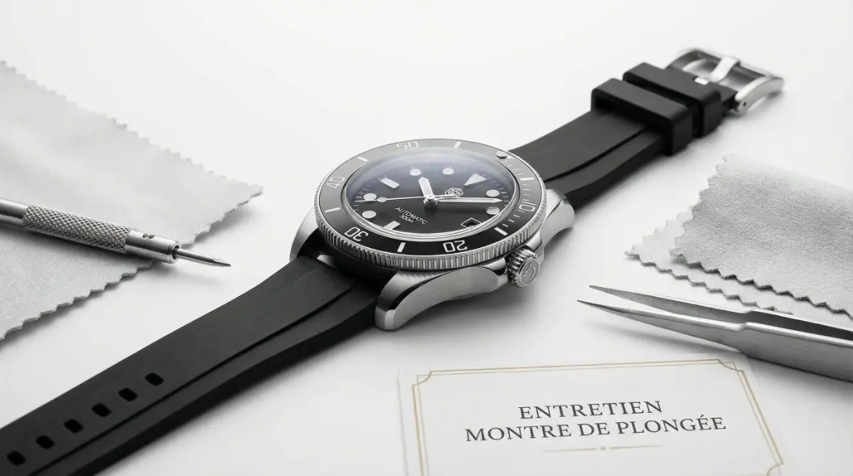 Montre de plongée en cours d’entretien avec outils d’horlogerie, pour illustrer la maintenance et l’étanchéité