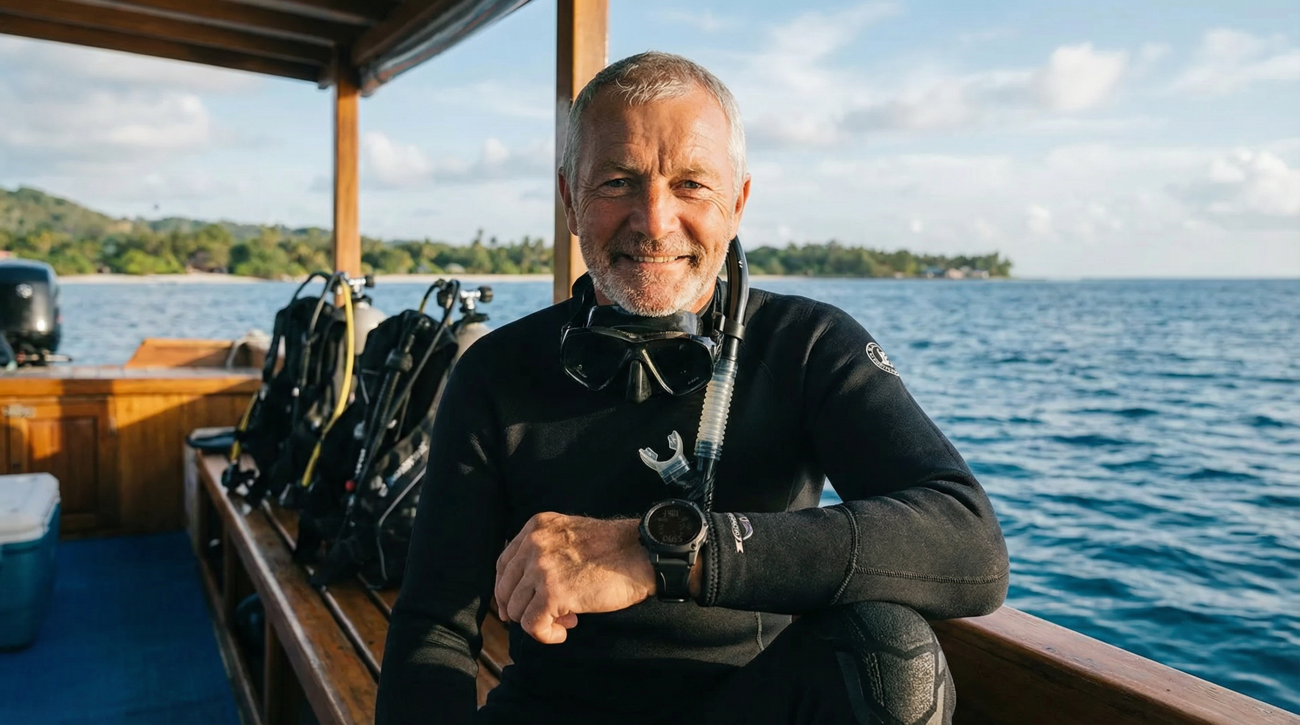 Plongeur en combinaison assis sur un bateau de plongée, portant une montre de plongée au poignet