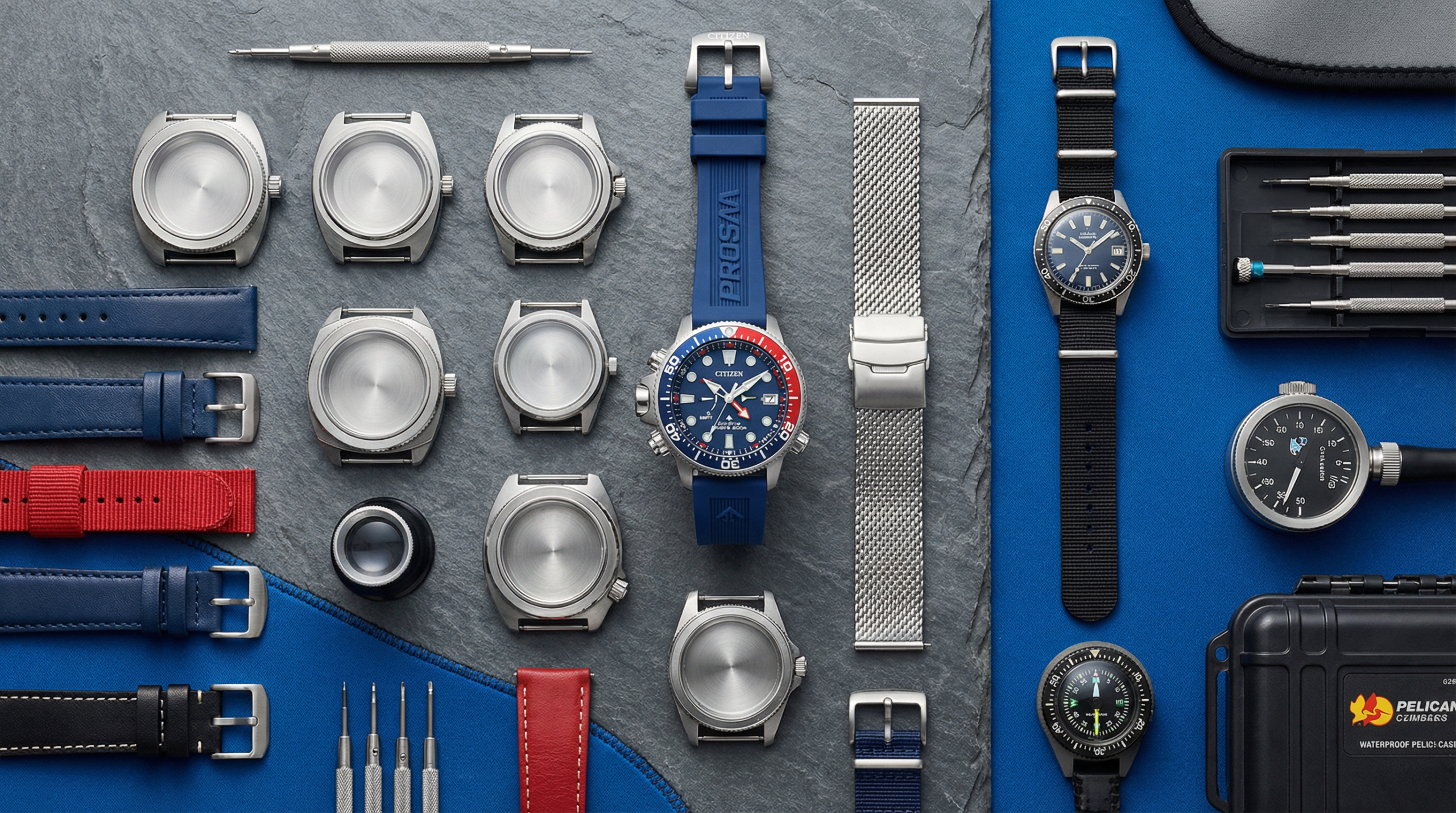 Montres et boîtiers de plongée avec bracelets interchangeables et outils d’horlogerie, disposés à plat