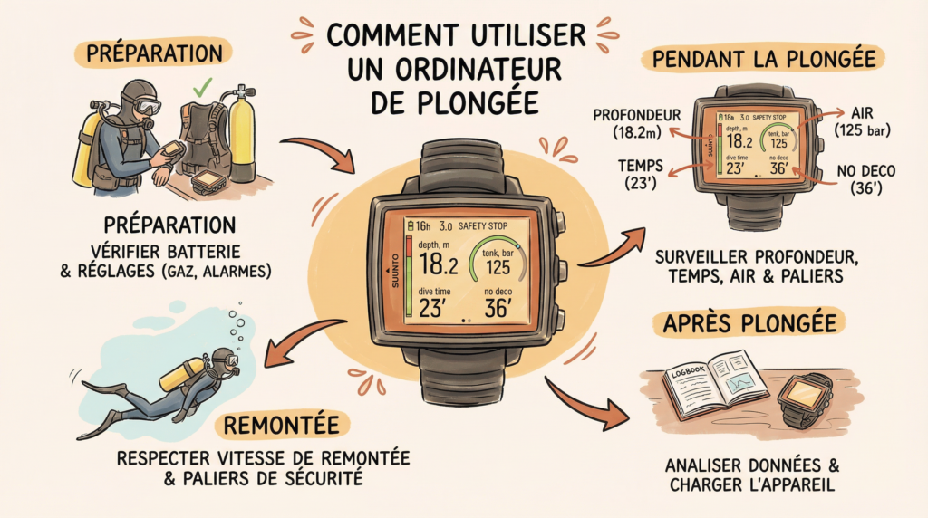 Infographie illustrée des étapes pour utiliser un ordinateur de plongée avant, pendant, en remontée et après l’immersion