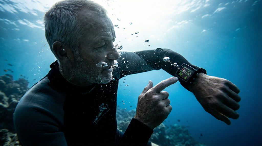 Gros plan sous l’eau sur un ordinateur de plongée affichant profondeur et temps, consulté avec des gants de plongée