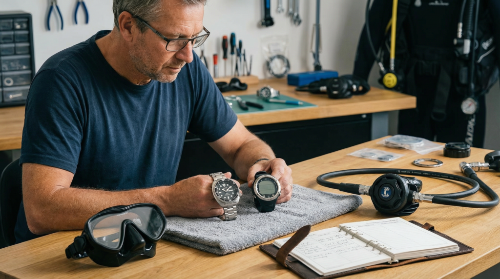 Montre de plongée mécanique portée au poignet lors d’une immersion sous-marine
