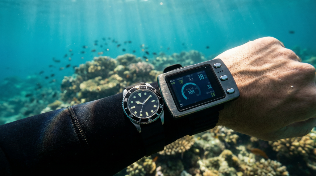 Montre de plongée traditionnelle et ordinateur de plongée moderne portés sous l’eau par un plongeur