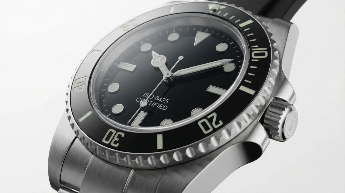 Gros plan d’une montre de plongée avec mention “ISO 6425 certified” sur le cadran