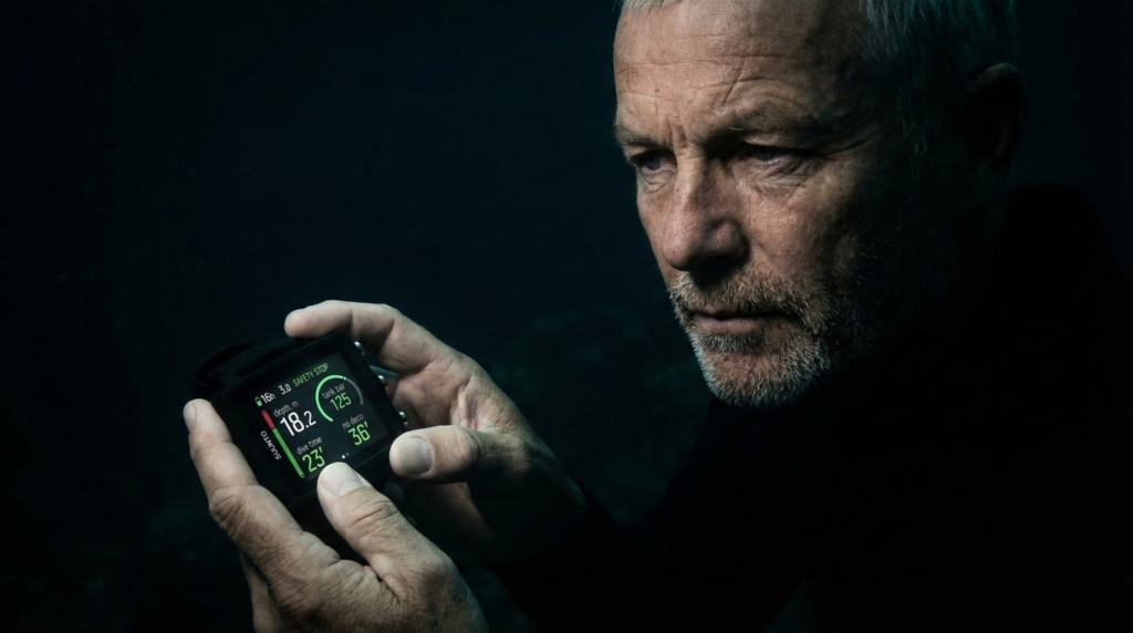 Préparation de plongée sur un bateau avec vérification d’un ordinateur de plongée, batterie et réglages avant l’immersion