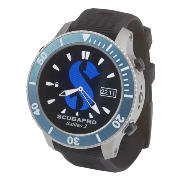 scubapro-galileo-3-ordinateur-plongee-vue-3-4 Ordinateur de plongée Scubapro Galileo 3 en vue trois-quarts avec lunette et écran