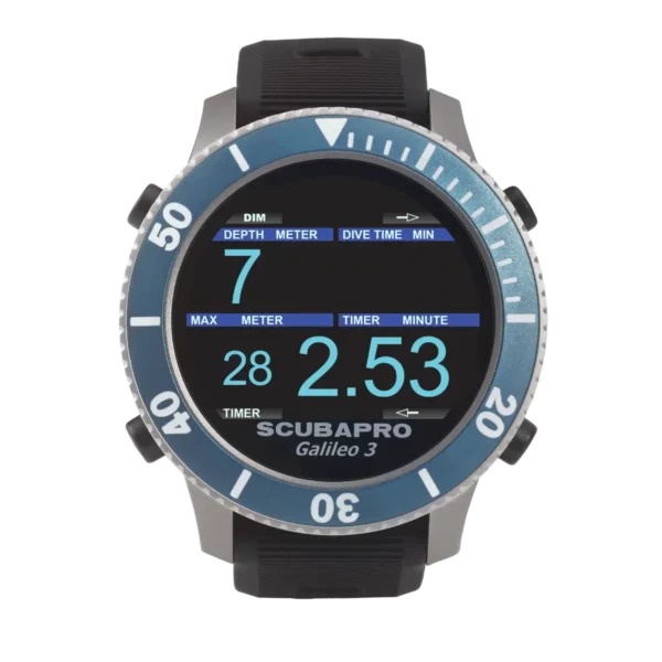 Ordinateur de plongée Scubapro Galileo 3 vue de face détourée avec écran actif