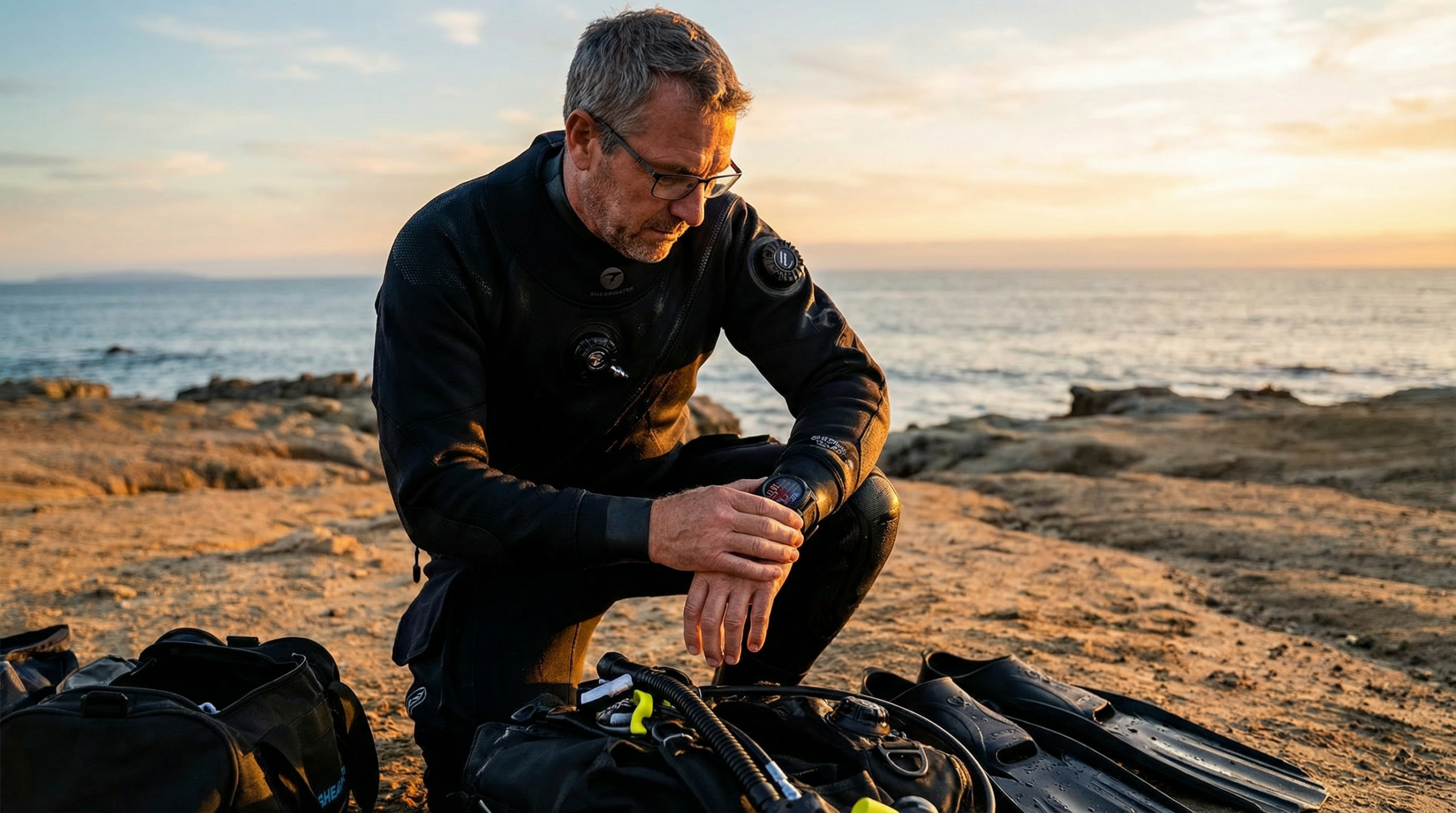 Plongeur en combinaison préparant son équipement de plongée sur un rivage rocheux, portant une montre de plongée au poignet