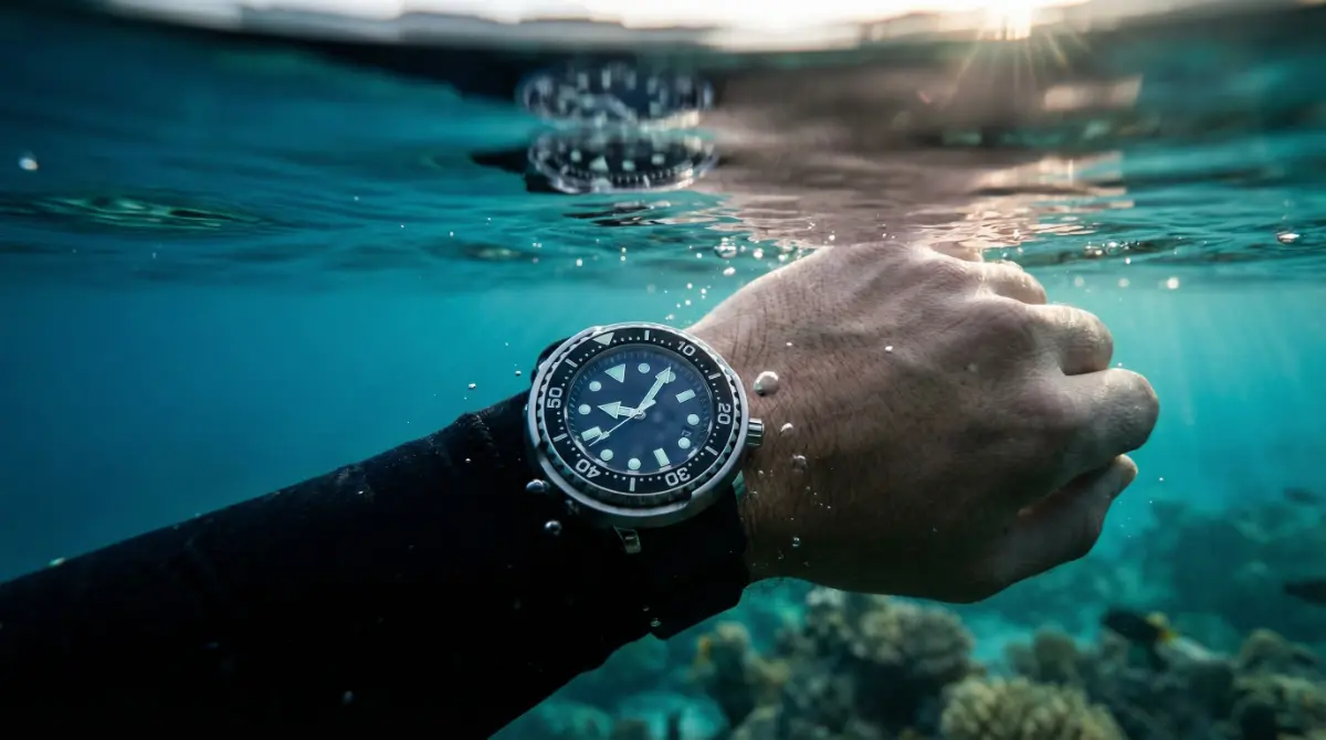 Montre de plongée portée sous l’eau lors d’une immersion, pour illustrer l’importance du test d’étanchéité